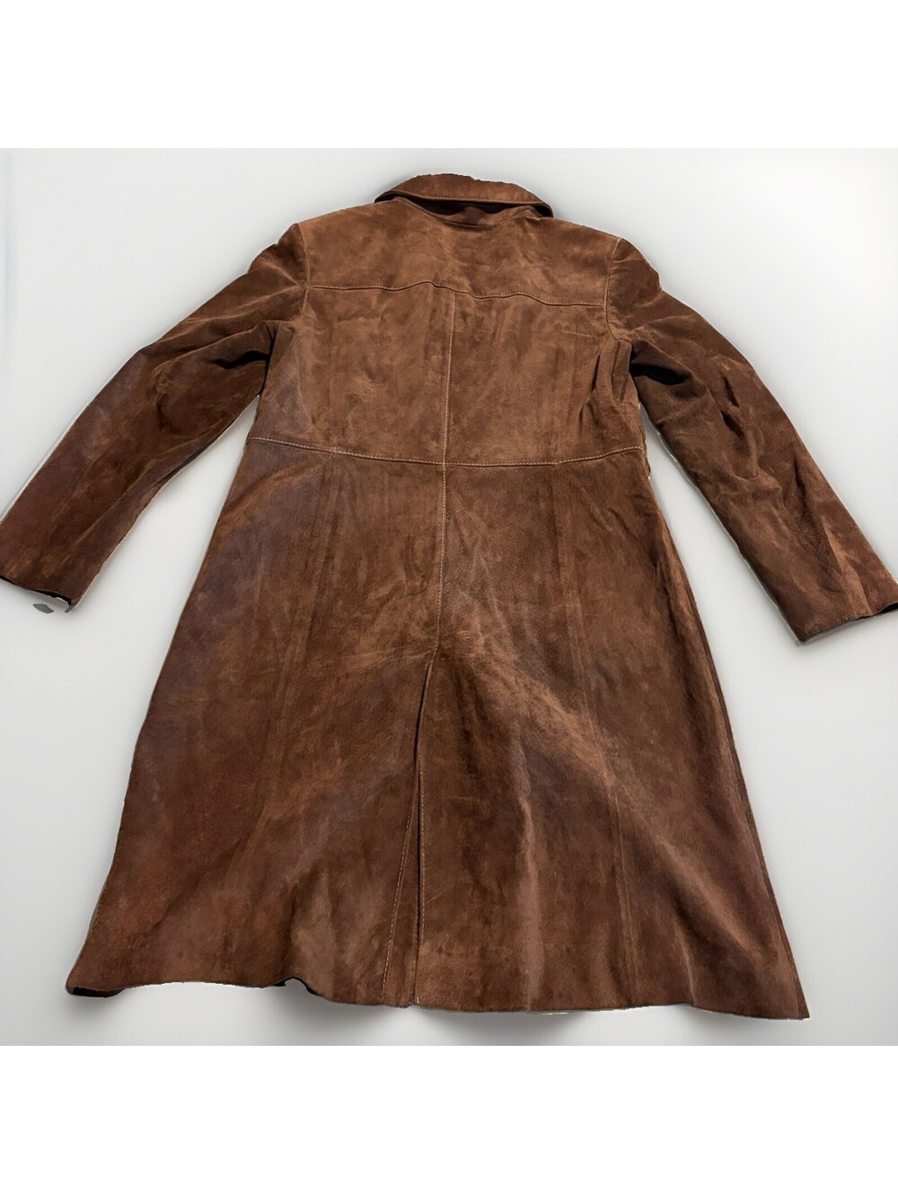 ANN TAYLOR BROWN suede Leather women's Sz 12 Career  Trench Coat Jacket - Picture 6 of 6